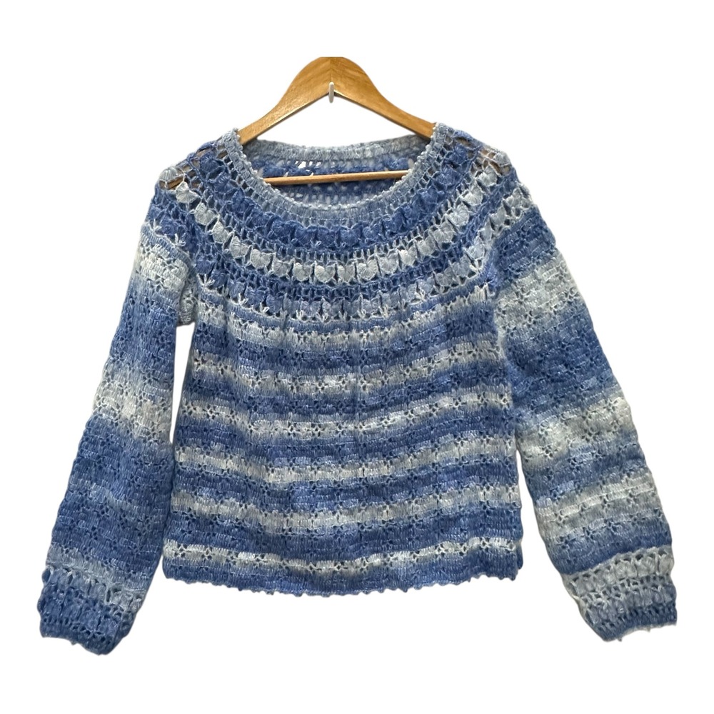 Handmade Blue White Crochet Ombre Striped Sweater Boho Open Knit Top Women